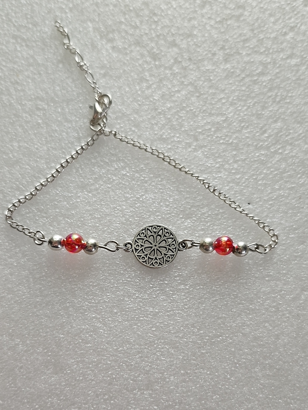 Hand Crafted Silver-Tone Bracelet / Anklet with Red Accent Beads